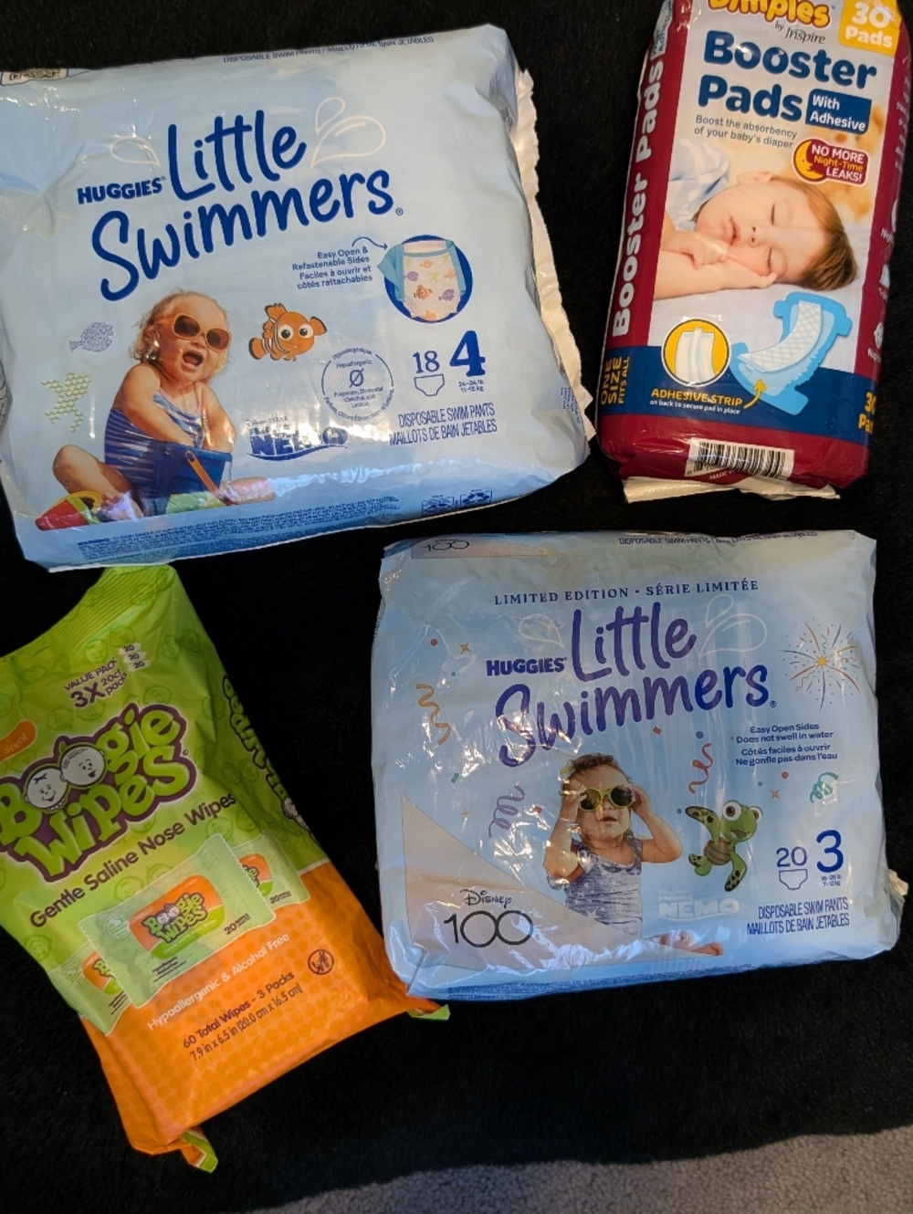 NEW Huggies Little Swimmers Swim Diapers Sizes 3 4 Boogie Wipes Dimples Boosters